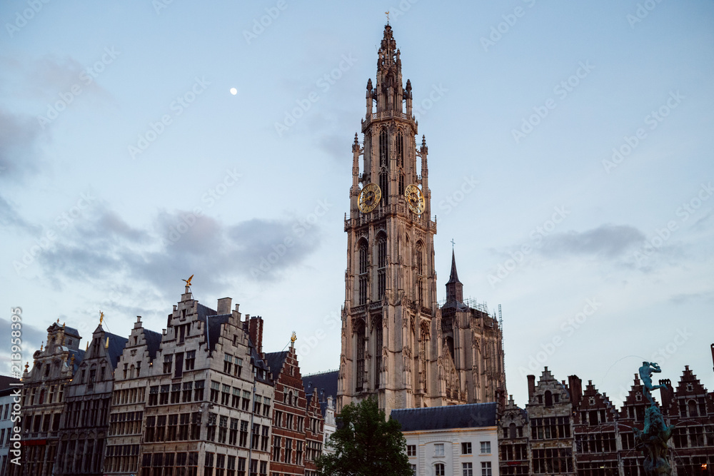 Fototapeta premium Cathedral of our lady in Antwerp, Belgium under clear blue sky in Sunny good weather day in spring