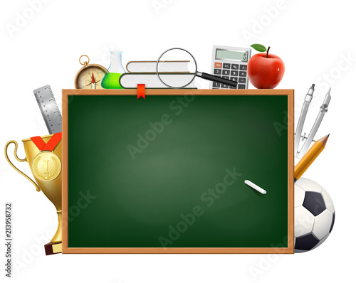 Back to school. Background with a blackboard and chalk. Accessories for study and education.