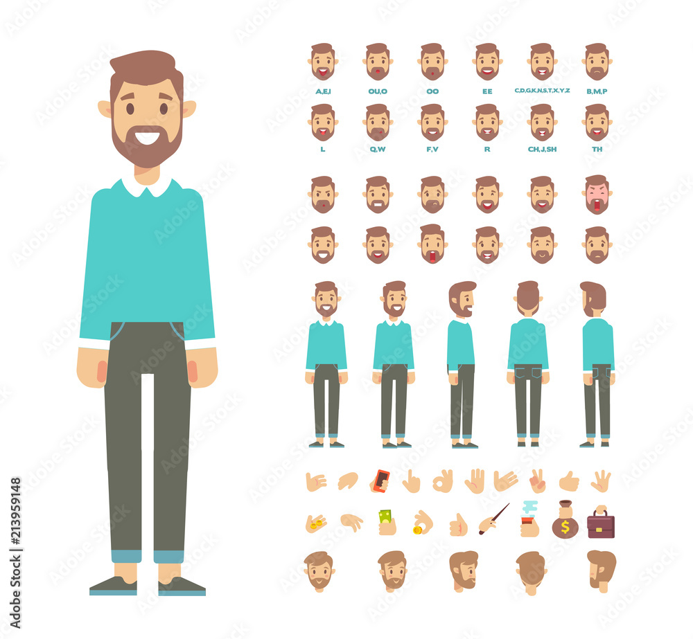 Naklejka Front, side, back view animated character,separate parts of body. Young man constructor with various views, hairstyles, poses and gestures. Cartoon style, flat vector illustration.