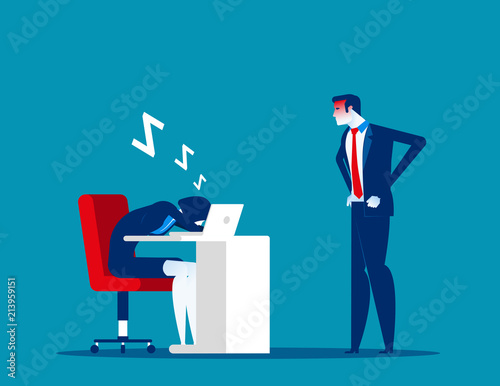 Angry boss looking office worker relaxing at desk during work. Tired asleep on a workplace. Concept business lazy employee vector illustration.