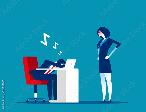 Angry boss looking office worker relaxing at desk during work. Tired asleep on a workplace. Concept business lazy employee vector illustration.