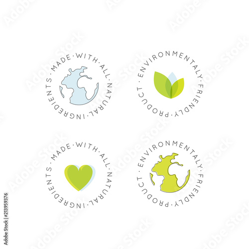 Isolated Vector Style Illustration Logo Badge Set Vegan Friendly, Fresh Certified Organic, Environmentally Friendly, Eco Product, Natural Bio Ingredient Label Badge, Green Concept