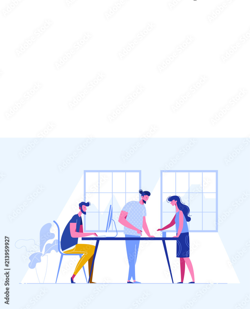 Meeting business people. Teamwork. Discussion of the company's business strategy. Vector illustration in a flat style. Meeting business people. Teamwork. Discussion of the company's business strategy. Vector illustration in a flat style.