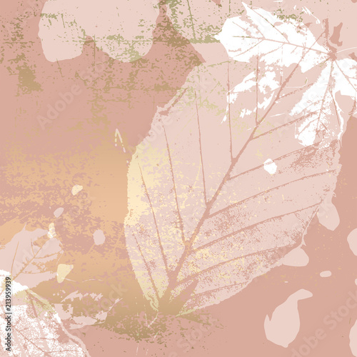 Autumn foliage rose gold blush background. Chic trendy print with botanical motifs
