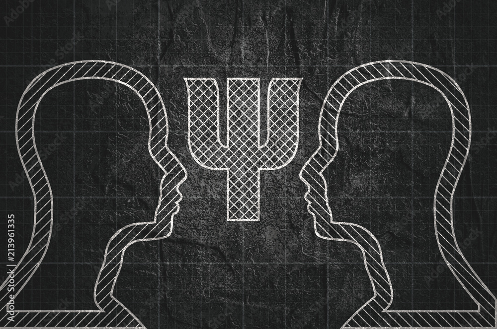 Fototapeta Silhouettes of a human heads. Mental health relative brochure, report design template. Scientific medical designs. Psi symbol in the head. . Mechanical engineering drawing background.