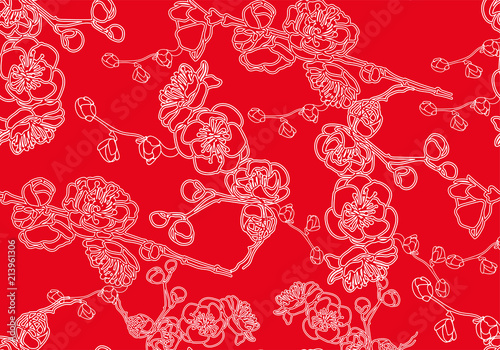 Floral seamless pattern, Chinese plum out line on red background