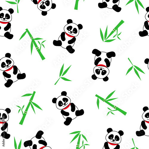 Fototapeta Naklejka Na Ścianę i Meble -  Seamless vector background with cute pandas and bamboo. seamless panda bears on a white background