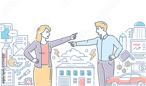 Family fight - colorful line design style illustration