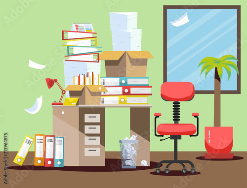 Period of accountants and financier reports submission. Pile of paper documents and file folders in cardboard boxes on office table. Flat vector illustration windows, chair and waste-basket