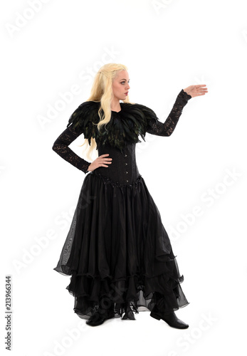 full length portrait of blonde girl wearing corset and long black gown. isolated on white studio background,