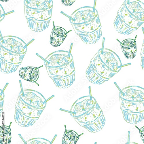 Seamless pattern with moscow mule cocktail hand drawn ink illustration on white background photo