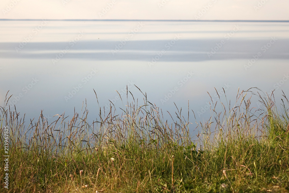 Green grass is on a cliff above the sea. Green grass is on a cliff above the sea.