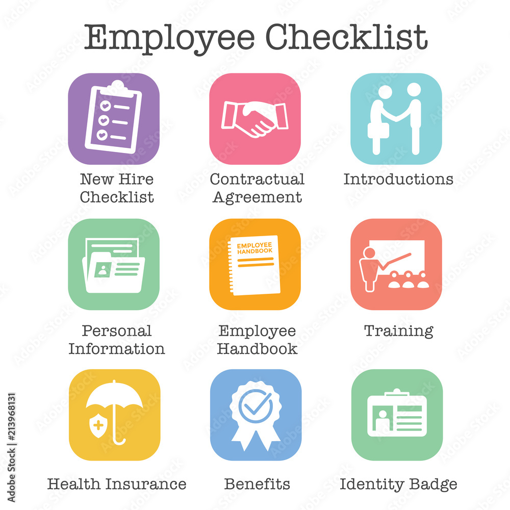 New Employee Hiring Process icon set w checklist, handshake, training, etc New Employee Hiring Process icon set w checklist, handshake, training, etc