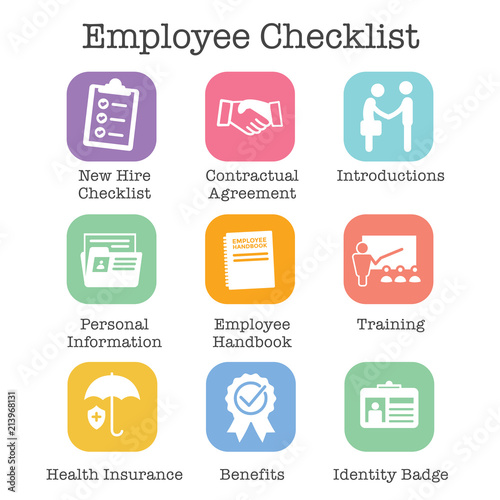 New Employee Hiring Process icon set   w checklist, handshake, training, etc