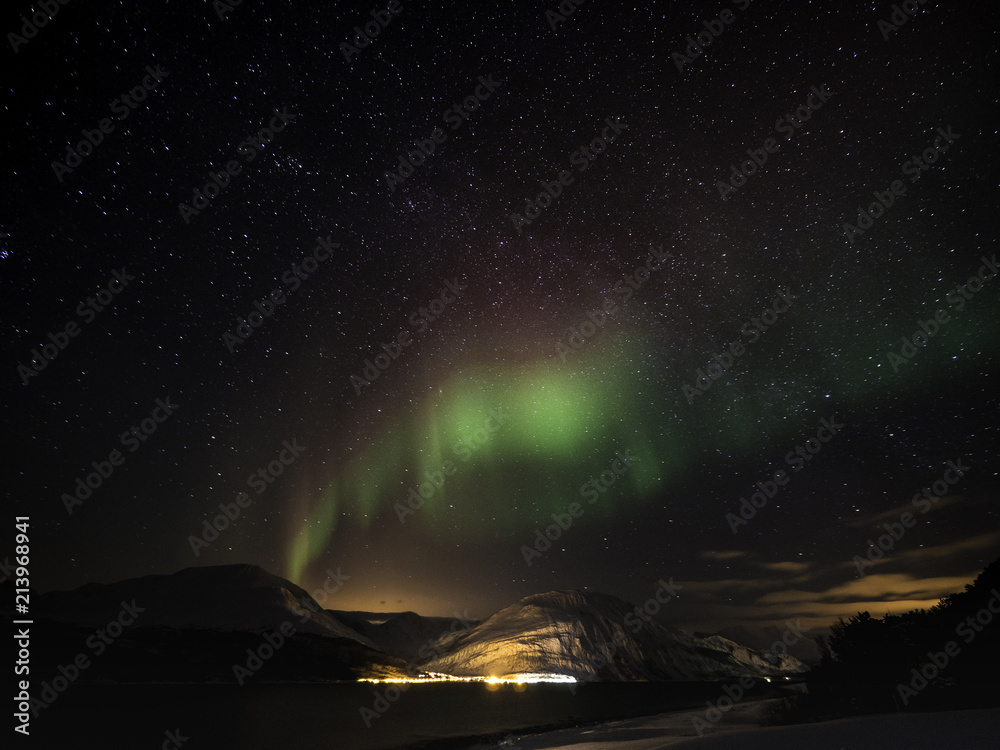 Northern light dancing across starry sky in Norway