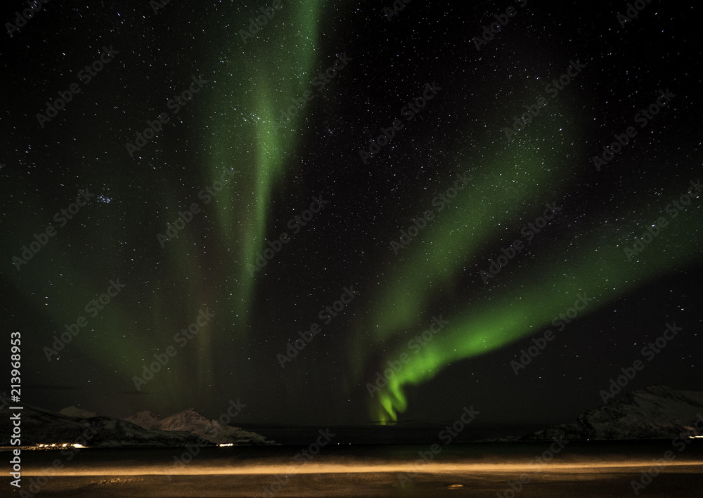 Northern light dancing across starry sky in Norway