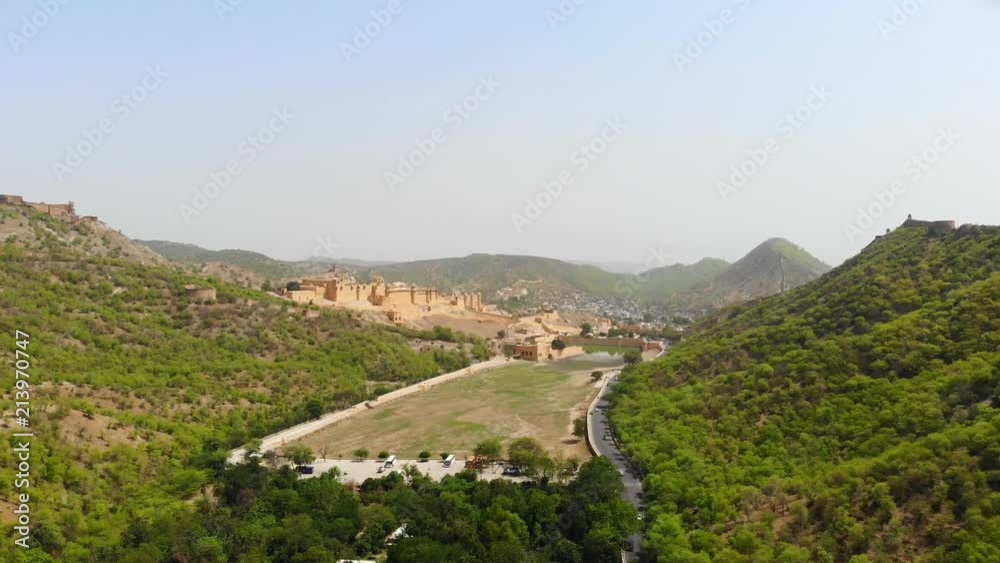 Aerial panoramic view of Amber (Amer) Palace/Fort in historical city of Amer, UNESCO World Heritage Site - near Jaipur (Pink City), Rajasthan, landscape panorama of Northern India, Asia from above Aerial panoramic view of Amber (Amer) Palace/Fort in historical city of Amer, UNESCO World Heritage Site - near Jaipur (Pink City), Rajasthan, landscape panorama of Northern India, Asia from above