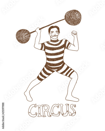 Circus strongman. Vector monochrome illustration on white isolated background