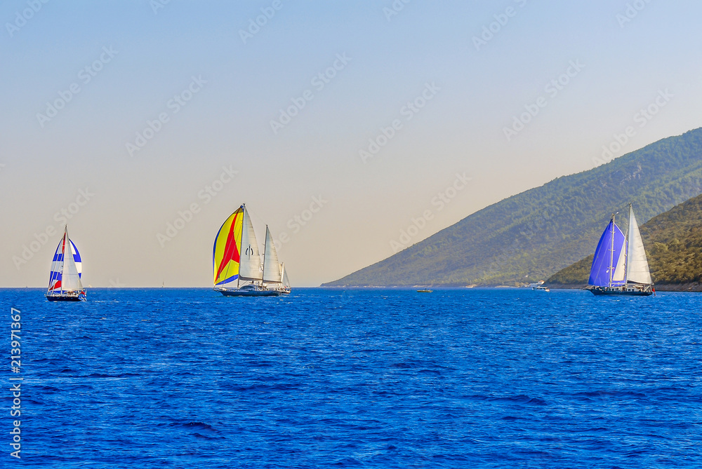 Naklejka premium Bodrum, Turkey, 23 October 2010: Bodrum Cup Races, Gulet Wooden Sailboats on Cove of Kumbahce