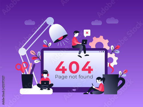 Flat Concept 404 Error Page or File not found for web page, banner, presentation, social media, documents. Website maintenance error, webpage under construction. Vector ultraviolet illustration