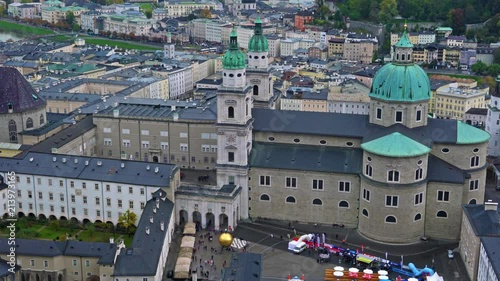 View from Hohensalzburg Castle on Kapitelplatz, St Peter's Abbey, Franciscan Church and Salzburg Cathedral, Austria 