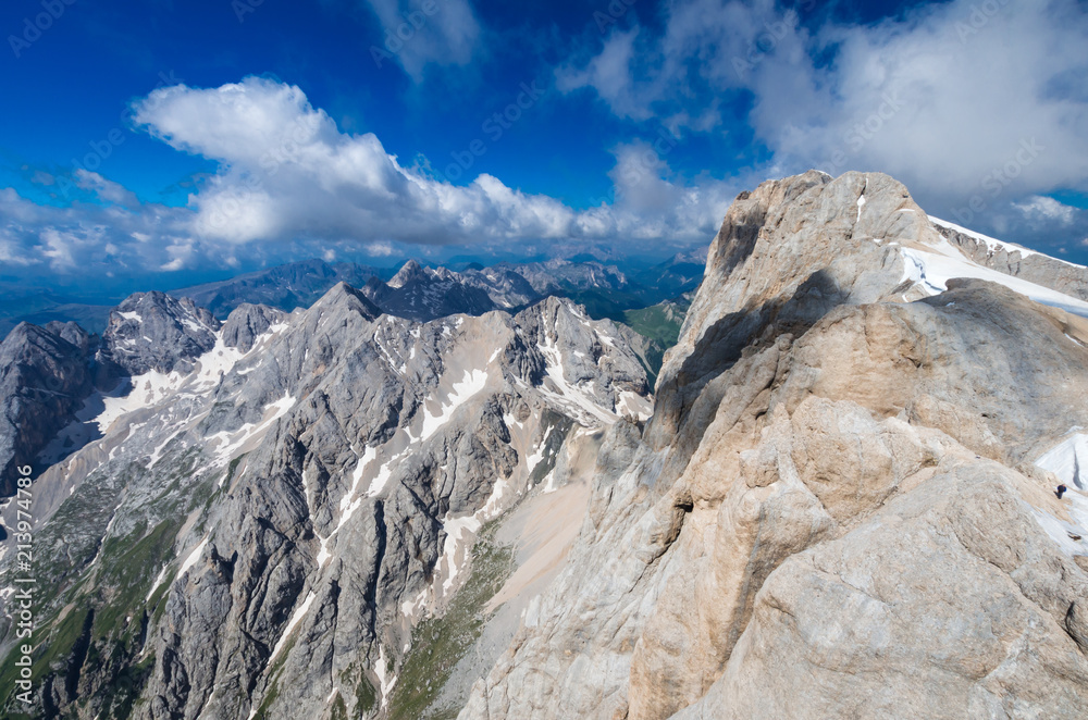 Marmolada massif, Dolomiti, Itay. Spectacular view over the Punta Rocca and other peaks in Dolomites mountains
