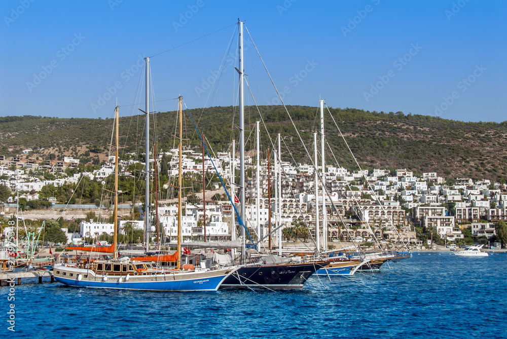 Bodrum, Turkey, 23 October 2010: Bodrum Cup Races, Gulet Wooden Sailboats with City View