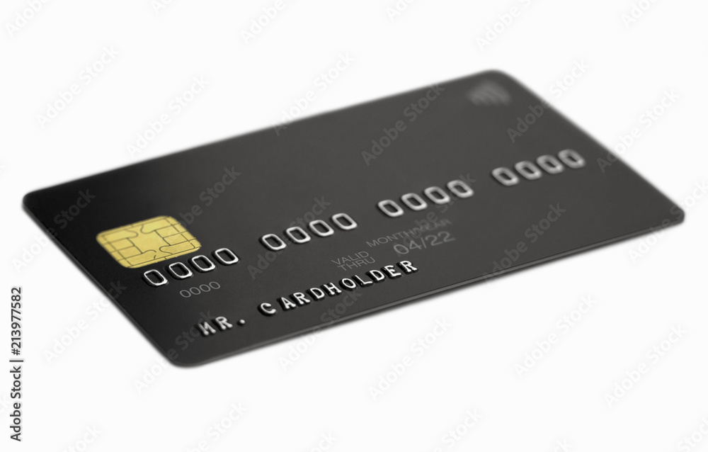 Black universal bank card on white background, cardholder name Black universal bank card on white background, cardholder name