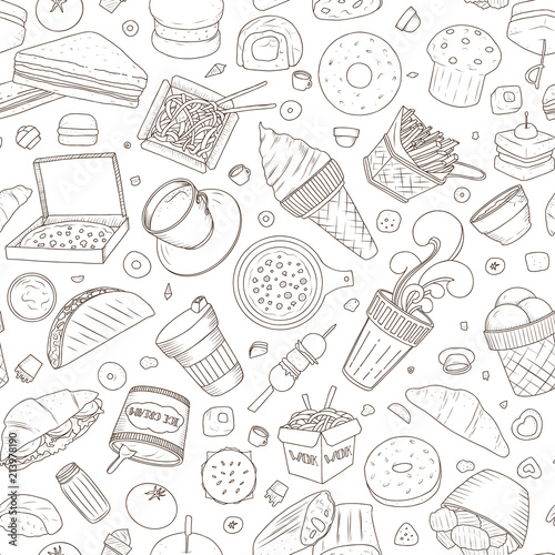 Seamless pattern of Vector illustration Cartoon style. Fast food objects. This collection include hamburger, snack, burger, french fries, barbecue, drinks and other items.