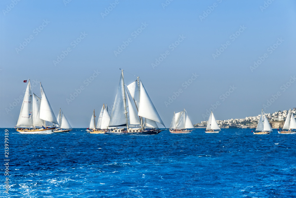 Naklejka premium Kalymnos Island, Greece; 23 October 2010: Bodrum Cup Races, Gulet Wooden Sailboats