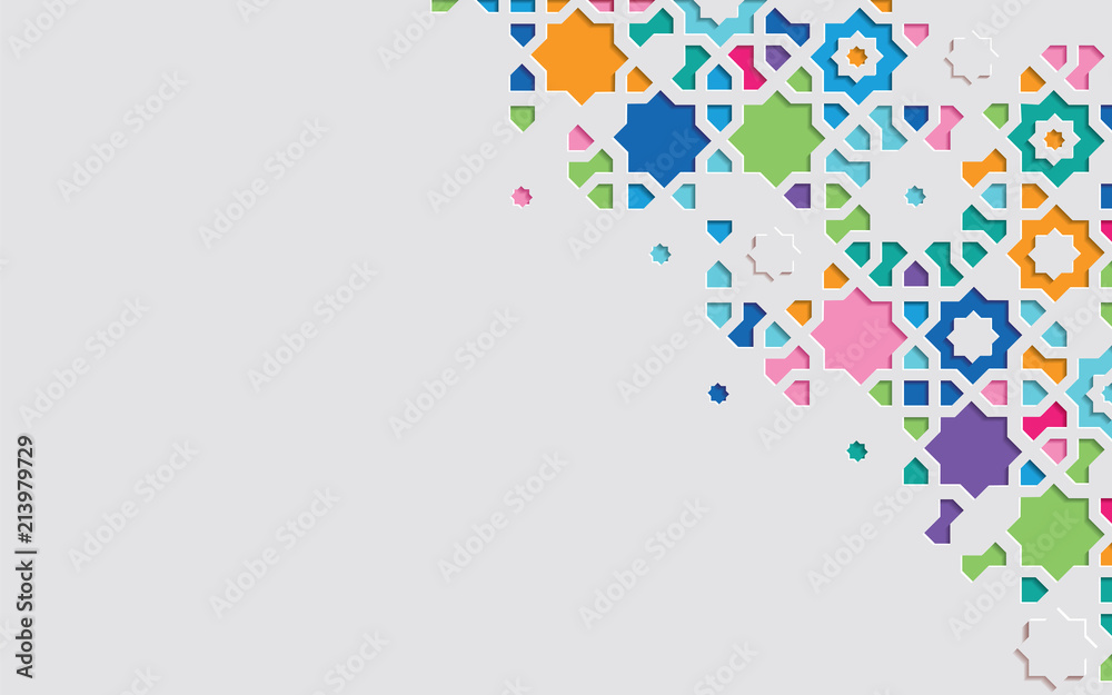 Fototapeta premium Arabic arabesque design greeting card for Muslim holidays.Islamic ornamental colorful detail of mosaic.Vector illustration.