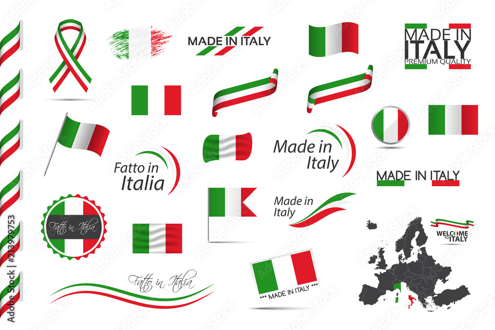 Naklejka premium Big set of Italian ribbons, symbols, icons and flags isolated on a white background, Made in Italy, Welcome to Italy, premium quality, Italian tricolor, set for your infographics, and templates