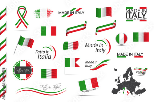 Big set of Italian ribbons, symbols, icons and flags isolated on a white background, Made in Italy, Welcome to Italy, premium quality, Italian tricolor, set for your infographics, and templates