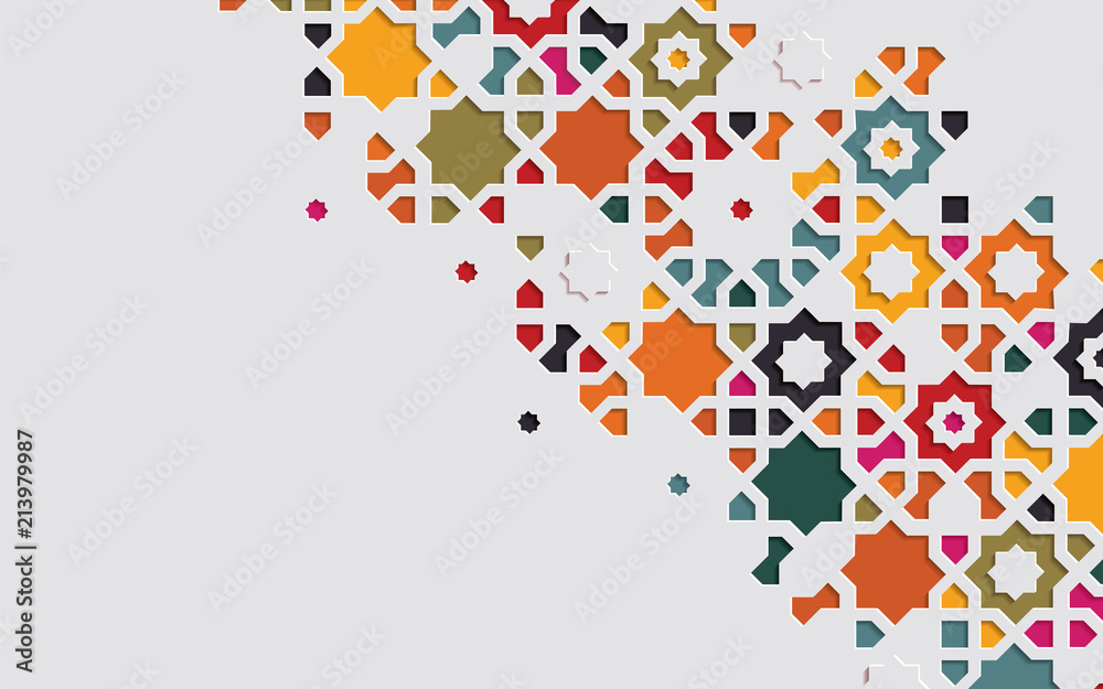 Obraz premium Arabic arabesque design greeting card for Ramadan Kareem. Islamic ornamental colorful detail of mosaic.Vector illustration.