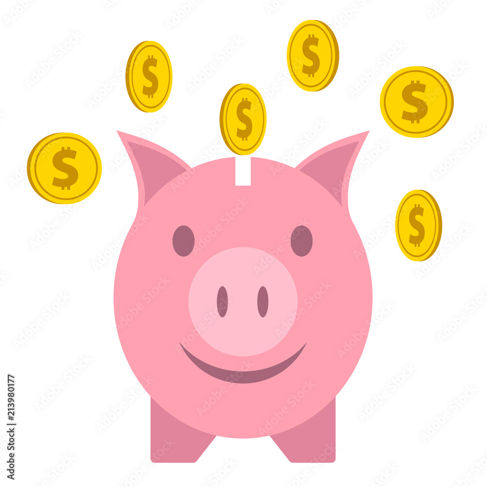 Obraz premium Pink piggy bank with falling golden coins