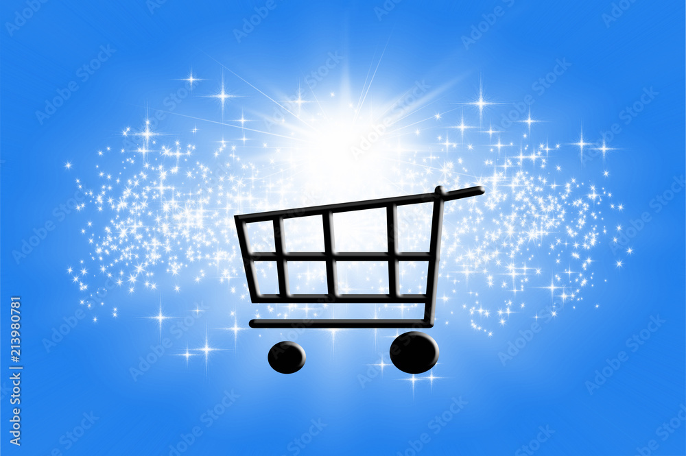 Carro de compra, fondo, azul cielo, estrellas, sol, ventas online