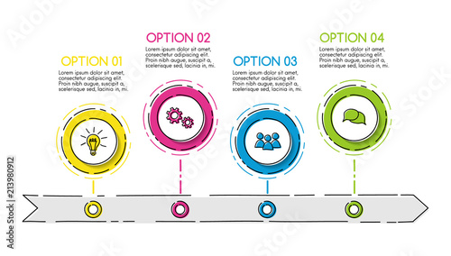 Colourful business infograph with hand drawn icons - company timeline. Vector.