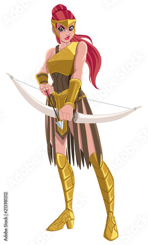 Cartoon illustration of a fierce Amazon warrior in full battle gear. 