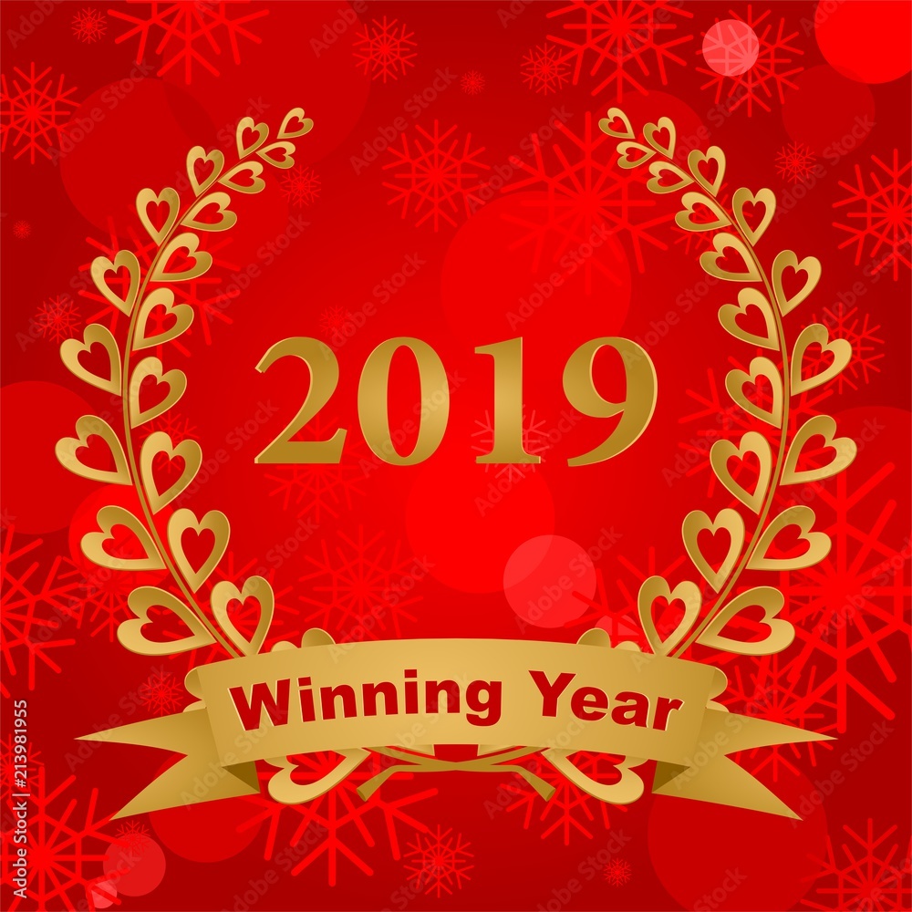 New year greeting card with gold laurel wreath composed of two branches with colorful hearts and stems with a gold ribbon for the 2019 year on a red background with snowflakes 