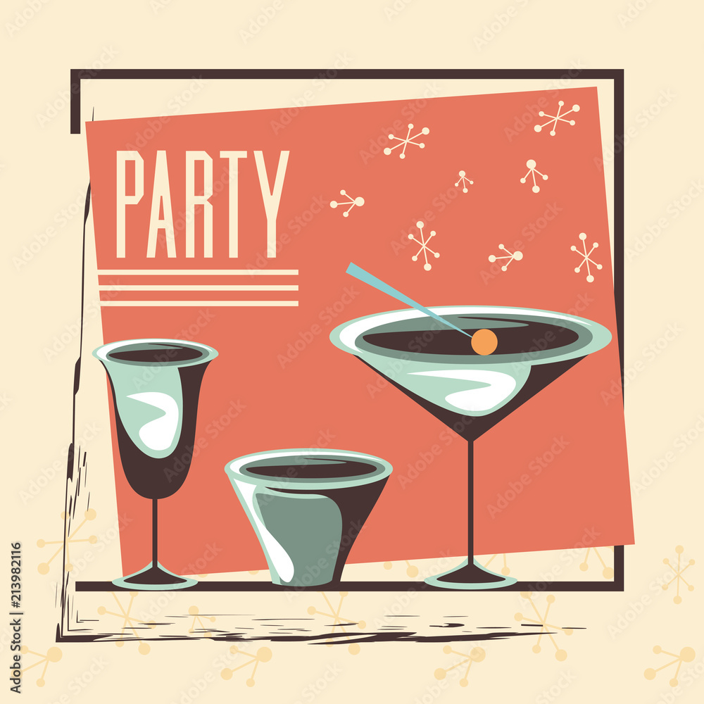 retro party card with drink cups