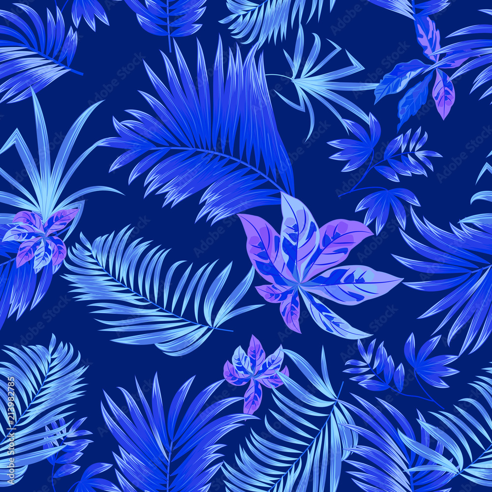 Blue Seamless pattern tropical leaves of palm tree. Blue Seamless pattern tropical leaves of palm tree.