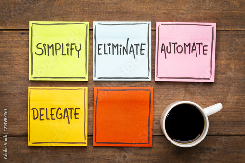 Task management concept: simplify, eliminate, automate, delegate photo