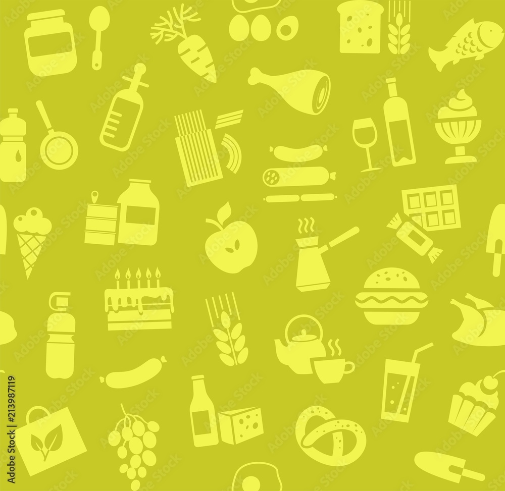 Food, seamless pattern, yellow-green, color, grocery store, vector. Food and drinks, production and sale. Vector background. Yellow icons on the yellow-green field.  