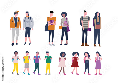 Set of kids and Young people back to school. Student Character design. vector illustration