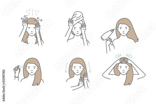 Woman take care about her hair. Steps how to apply hair mask.