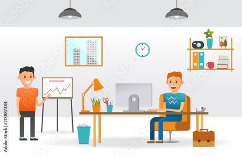 Business working cartoon characters person in office cabinet. Concept of teamwork. Vector illustration.