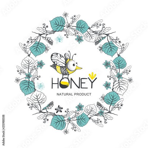 Logo bee, natural product. Hand-drawn round frame with linden flowers, herbs .Design for herbal tea,cosmetics,beauty salon, natural and organic products.