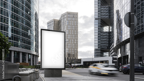 Blank white banner with skyscrapers on background. 3d rendering