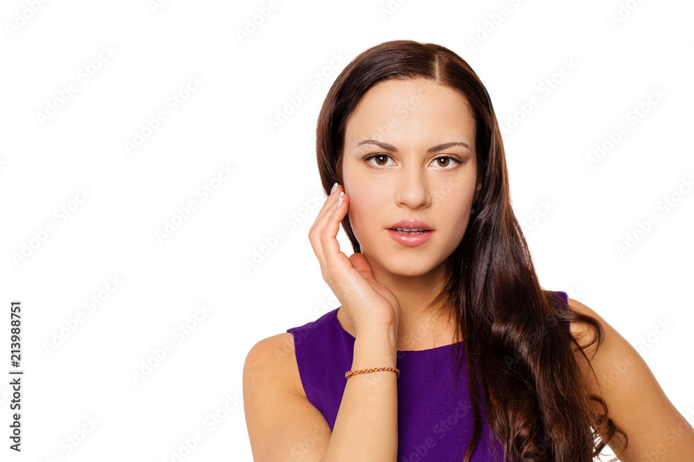 Young brunette woman in purple dress, isolated on white Young brunette woman in purple dress, isolated on white