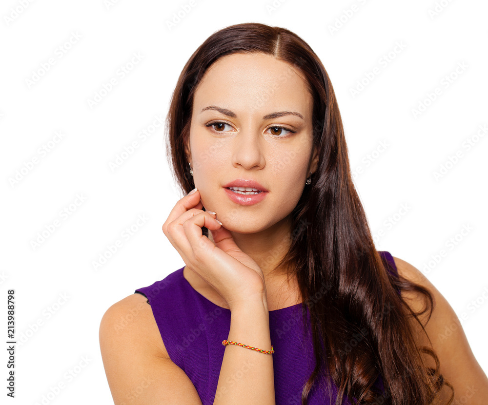 Young brunette woman in purple dress, isolated on white Young brunette woman in purple dress, isolated on white